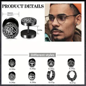 8Pairs Viking Earrings for Men Stainless Steel Norse Viking Stud Earrings Fake Gauges Plug Viking Huggie Hoop Mens Earrings Wolf Runes Divination Piercing Jewelry 18G Black