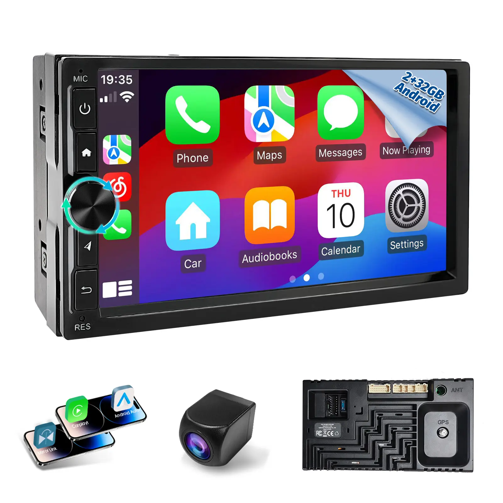 7" Double Din Car Stereo with Wireless Apple CarPlay & Android Auto HD Touchscreen 2+32GB GPS Backup Camera BT 4.1 FM/AM for All Vehicles