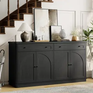 【Valentine's Day Gift】ONBRILL 63 Inch Buffet Cabinet with Storage, Curved Sideboard Cabinet with 2 Drawers and 4 Arched Doors, Storage Cabinets with Adjustable Shelves, Sideboard Buffet for Living Room, Kitchen