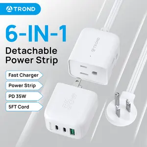 TROND Detachable Power Strip with USB C Ports Fast Charge GaN III PD35W Travel Adapter, 5ft Flat Plug Extension Cord with Multiple Outlets Home Hotel Dorm Room Cruise Ship Essentials