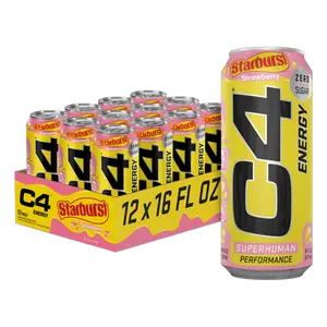 C4 Energy Drink, Starburst Strawberry, Sugar Free, Carbonated Pre Workout Drink, 16 oz, 12 pack