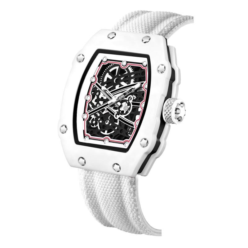 Men's Carbon Fiber Skeleton Tonneau Watch, Red Nylon Strap, Sporty Quartz Wristwatch