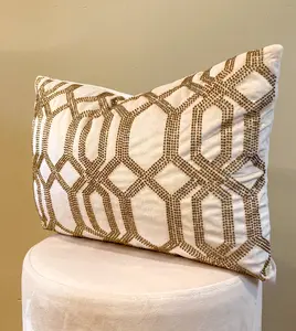 Ivory Velvet with Gold Beads Lumbar Pillow Cover 14"x20"