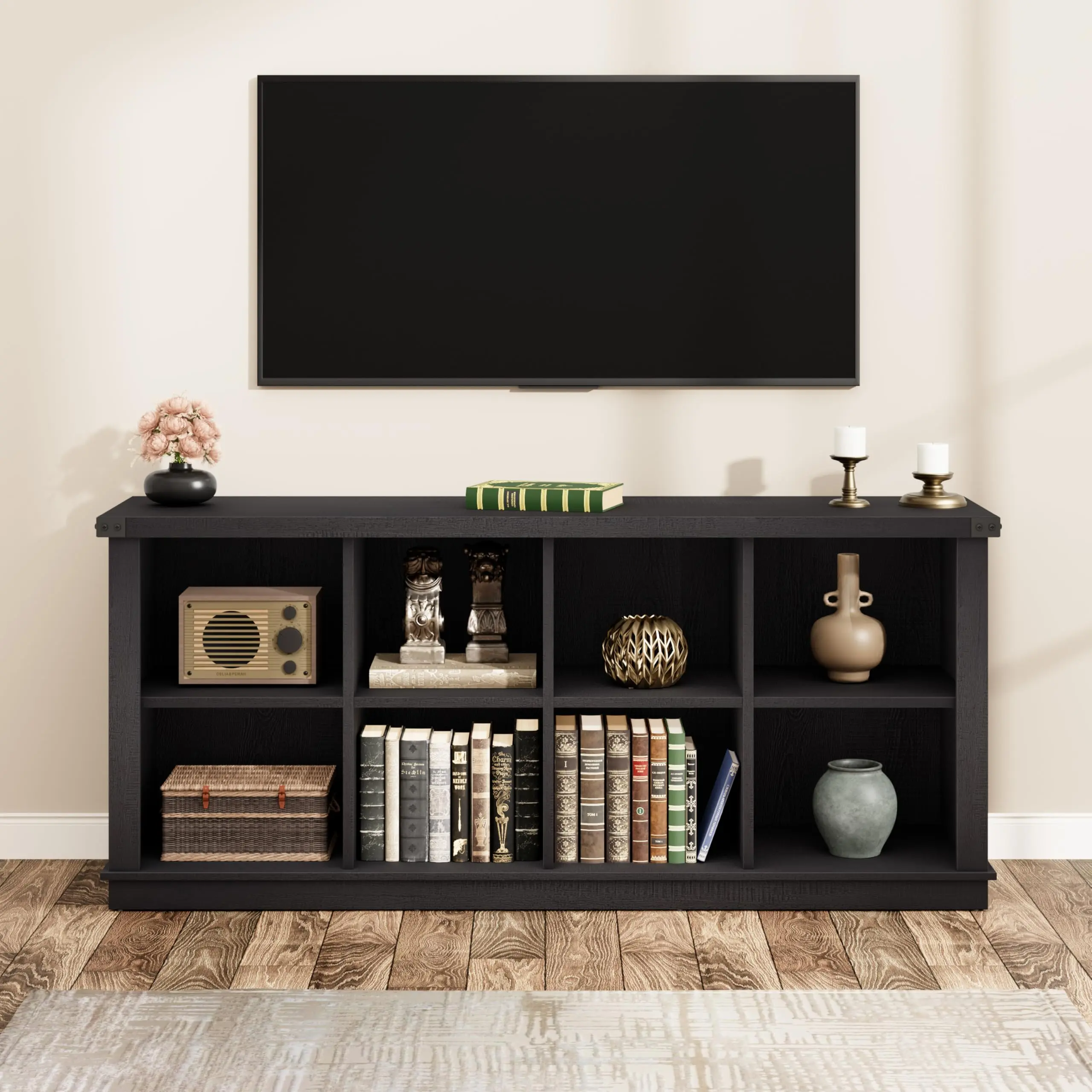 8-Cube Rustic Farmhouse Bookshelf, Horizontal Wood Bookcase with 2-Tier Storage Organizer, Long Freestanding Cabinet for Living Room, Entryway & Office