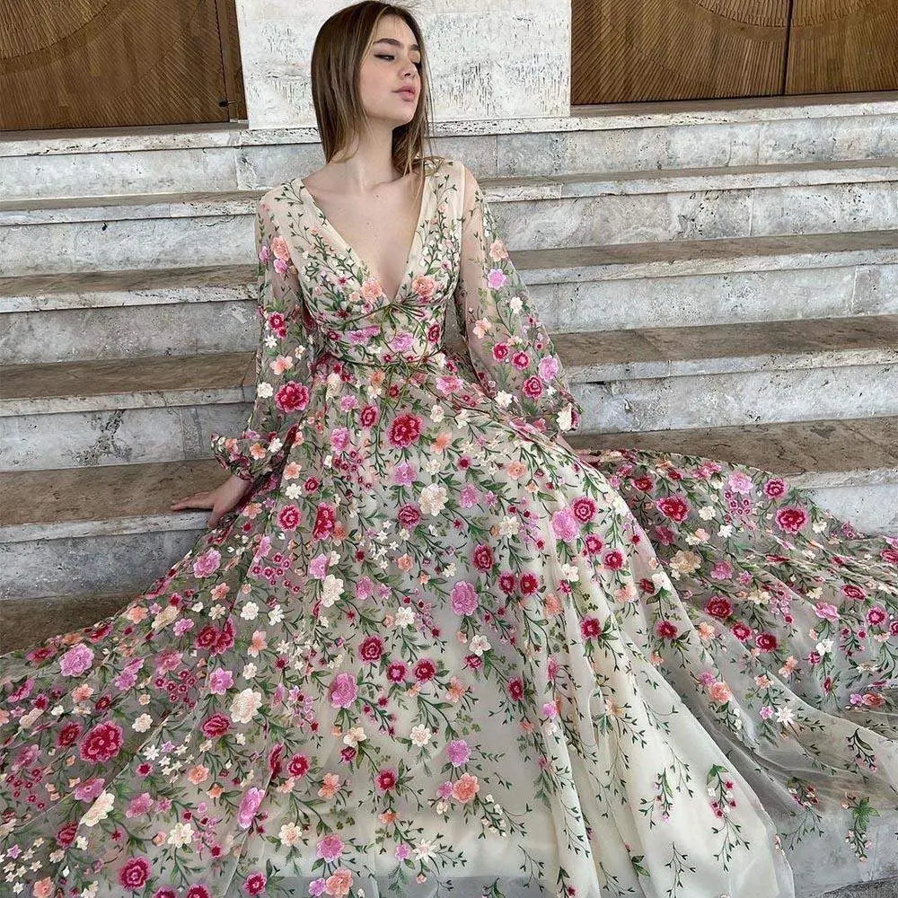 Elegant Floral Tulle Dress with Three Dimensional Embellishments
