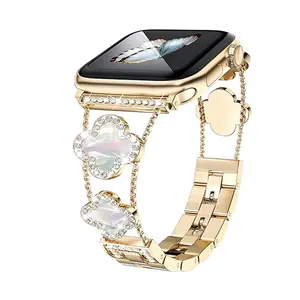 Bling Diamond Band Compatible with Apple Watch Bands for Women  38mm 42mm Series 11 10 9 8 7 6 5 4 SE 3 2 1, Sparkle Metal Bracelet Wristband, Cute Lucky Clover Dressy iWatch Band,Gold/White