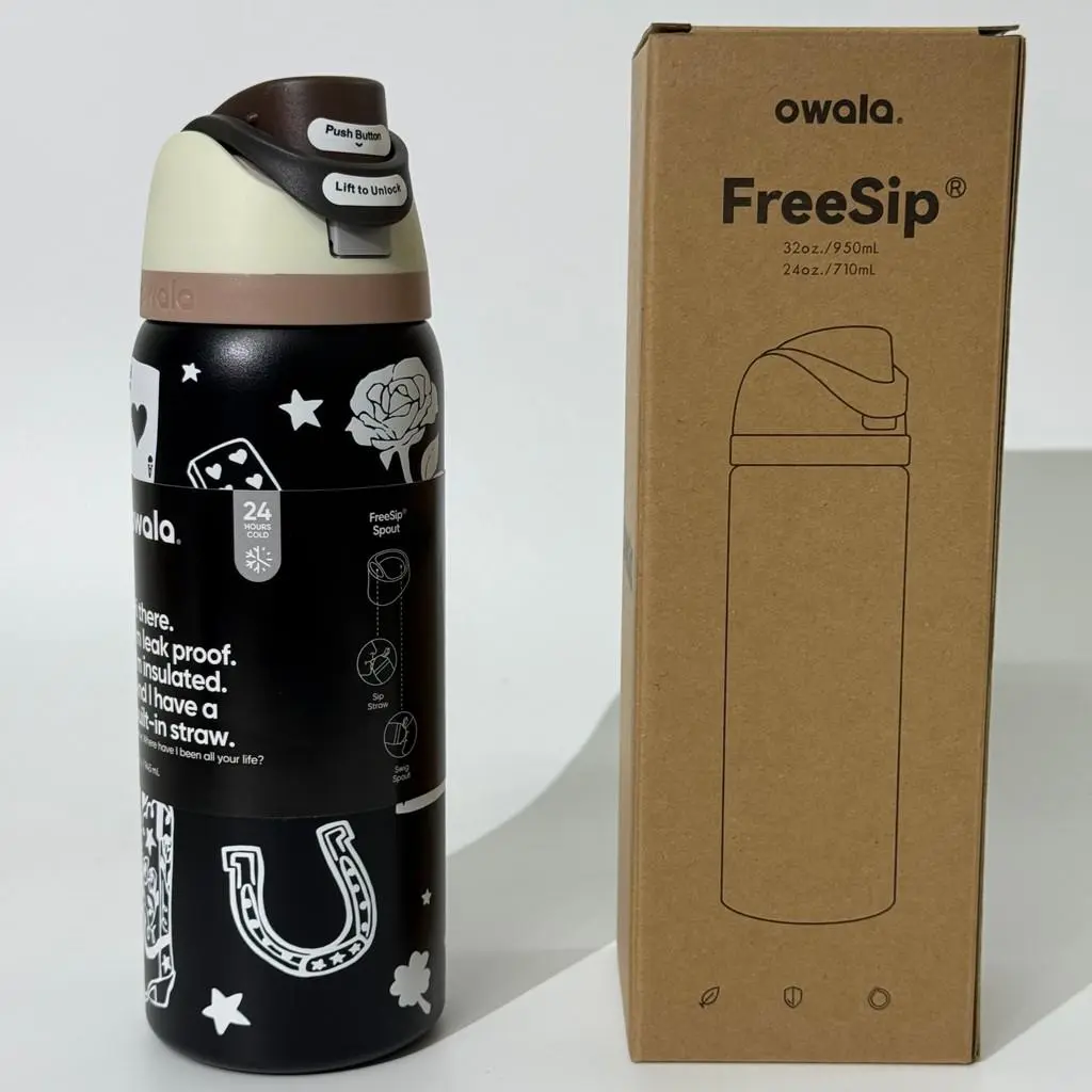 Owala FreeSip Insulated Stainless Steel Water Bottle – 24oz & 32oz Black Western Dops Design, Leak-Proof Straw Lid, BPA-Free