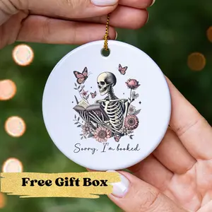 Gothic Cottagecore Round Skeleton Reading Ceramic Decoration - 3in Glossy High-Quality Porcelain, Print Design, "Sorry I'm Booked", Holiday Christmas Halloween Spooky Festive Ornament, Tree & Home Decor for Book Lovers, with Free Gift Box