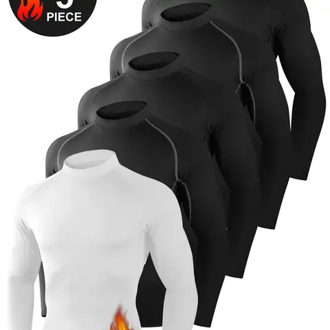 HOPLYNN 5 Pack Men's Thermal Turtle Mock Neck Shirts, Long Sleeve Compression Shirts Fleece Lined Undershirt Base Layer Tops