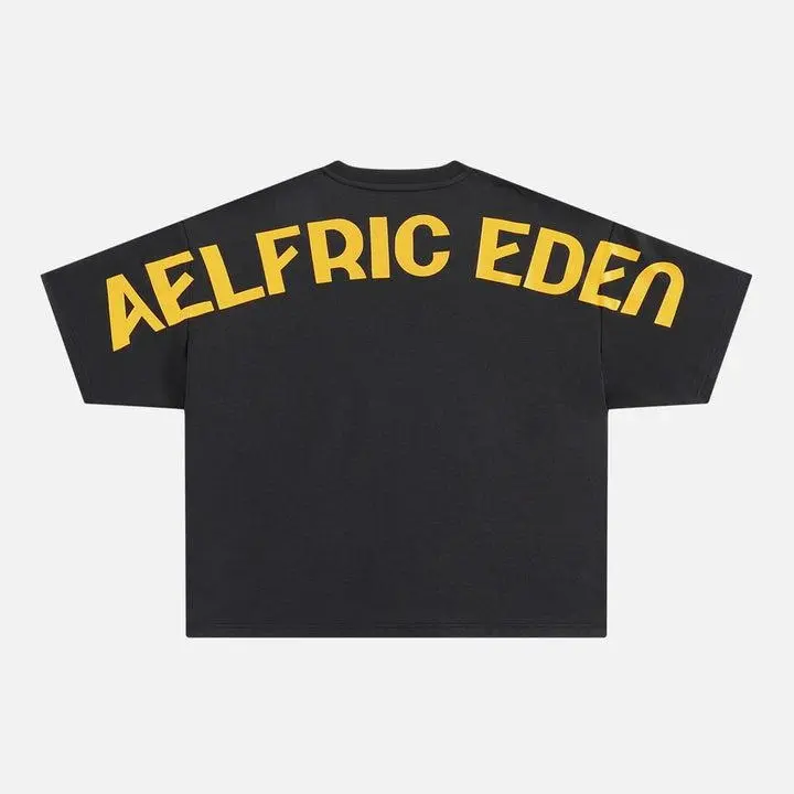Aelfric Eden Curved Arch Logo Boxy Tee Oversized Boxy Fit Back Curved Arch Logo Print Heavyweight Cotton Fabric Retro Streetwear Unisex Top