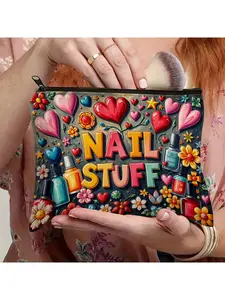 Unique and Beautiful Colorful NAIL STUFF Printed Cosmetic Bag - Multifunctional Reusable Cosmetic Bag, Can Hold Cosmetics, Nail Supplies, Snacks, Suitable for Travel, Vacation, Ideal Gift for Friends