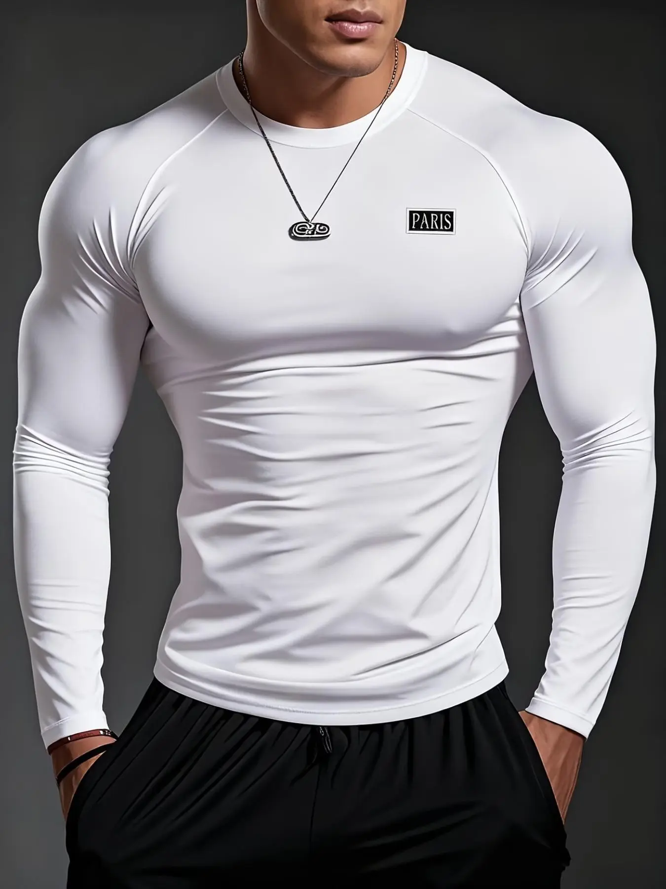 Men's Paris Logo Long Sleeve T-Shirt, Sporty Slim Fit, Sports Tops, High Elasticity Quick-Dry Breathable Fabric, Ideal for Gym Training