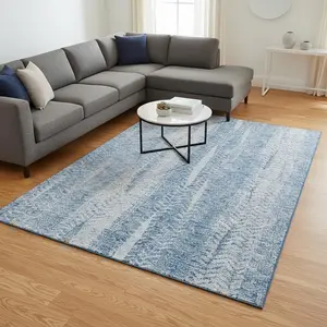 HomeRoots 656537 10x14 ft. Sky Blue & Ivory Striped Dual-Color Strip Area Rug, Transitional, Machine-Made Rectangle, Washable, UV-Protected, Dual-Color Area Rugs, Strip Area Rugs