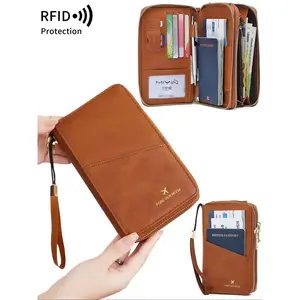 RFID Blocking Travel Wallet, Dual Zipper Design, PU Leather Passport Holder, Passport Cover, Ticket Organizer, Credit Card Case, Document Bag, Family Trip File Manager
