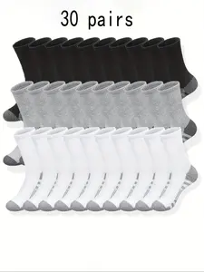 30 Pairs Men's Classic Mid-Calf Socks - Breathable, Comfortable, Moisture-Resistant, Suitable for Casual Outdoor Wear in All Seasons - Machine Washable, Striped Knitted Fabric, Polyester Material