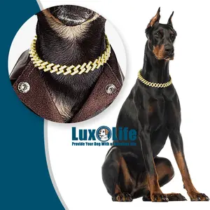 Gold Dog Chain Collar Diamond Cuban Link Dog Collar 15mm Wide Dog Necklace Metal Cat Chain Pet Crystal Collar Jewelry Accessories for Small Medium Large Dogs Cats