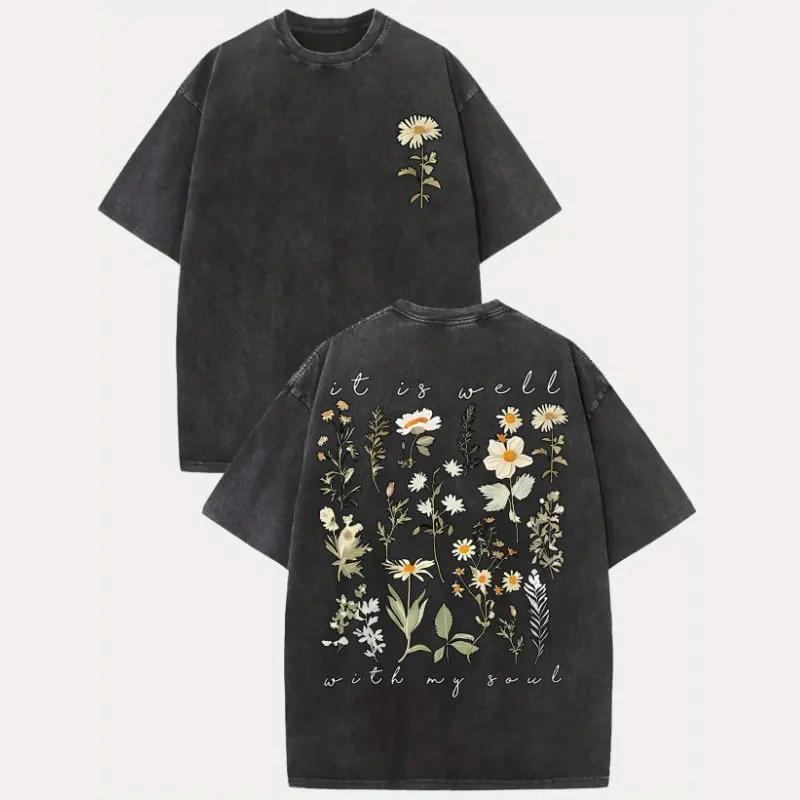 Unisex Oversized Distressed Casual Short Sleeve Crew Neck Vintage Heavyweight Cotton Drop Shoulder Graphic Top, 'It Is Well With My Soul' Floral Print, Loose-Fitting Inspirational Gift T-Shirt