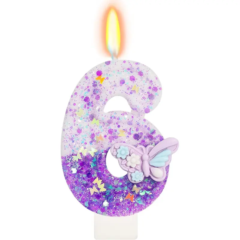 Purple Butterfly Number 6 Candle - Dainty Food-Grade Wax, 6th Birthday Decor for Girls, Glitter Fairy Cake Topper with Sequins, Butterflies-Infused Anniversary Camp Kitchen Accent