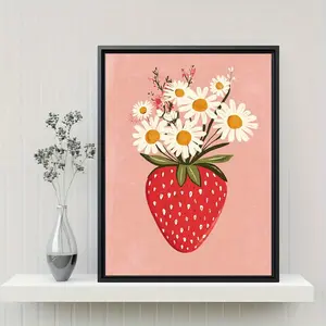 1pc Strawberry & Daisy Illustration Canvas Print - Vintage Cartoon Wall Art, Frameless, Waterproof, Modern Decor for Living Room, Bedroom, Office, or Dining Area, Perfect Gift, 12x18 Inches, Strawberry Decor
