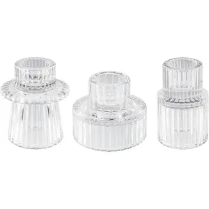 Double Sided  Ribbed Taper Glass Candle Holders, Candle Holder for Table Centerpieces, Wedding Decorations and Dinner Parties (Clear, 3 count)