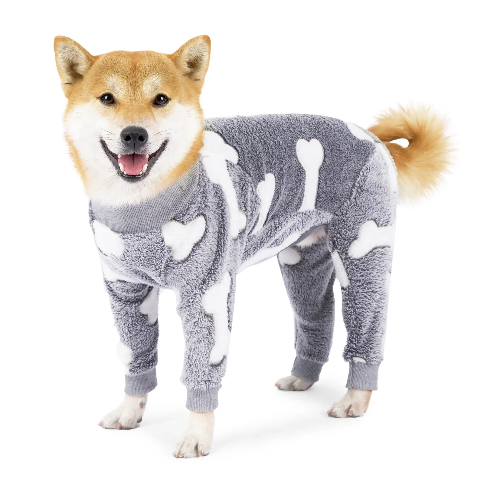 Soft Coral Fleece Dog Pajamas - 4-Legged Stretchy Jumpsuit, Warm Bone Print  Home , Winter Cozy Sleep Onesie for Medium-Large Dogs pet clothes