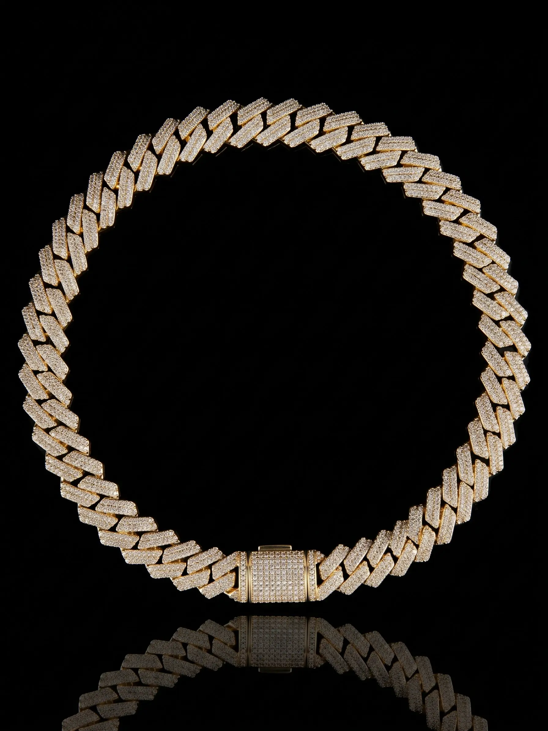 8.5mm 14K Gold-Plated Double-Row Moissanite Cuban Link Necklace—featuring a gold-plated finish, box clasp, and hip-hop style; set with brilliant, sparkling Moissanite, and designed to be hypoallergenic and tarnish-resistant.