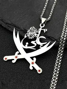 Imam Ali Sword Muslim Islam Pendant Necklace For Men Women Stainless Steel Arabic Zulfiqar Red Rhinestones Chain Gift