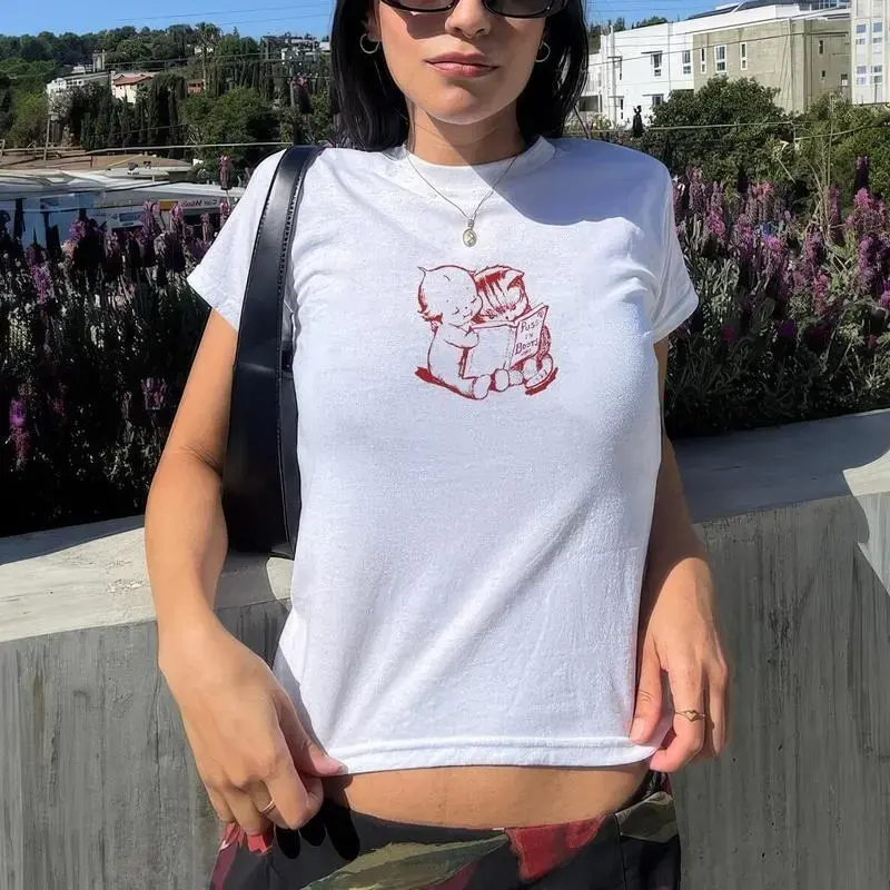 Cute Kewpie Baby Reading Puss in Boots Baby Tee, Coquette Red Hand-Drawn Minimalist Vintage Y2K Graphic Top Baby Tee
