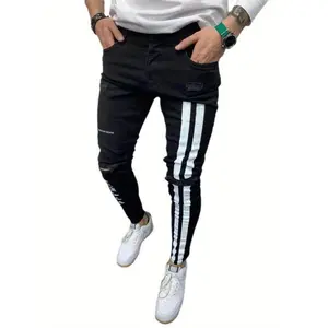 Men'S Denim Long Pants, Striped Letter Distressed Destroyed Ripped Zip Slim Jeans, Wild Fashion Pull-Up Trousers