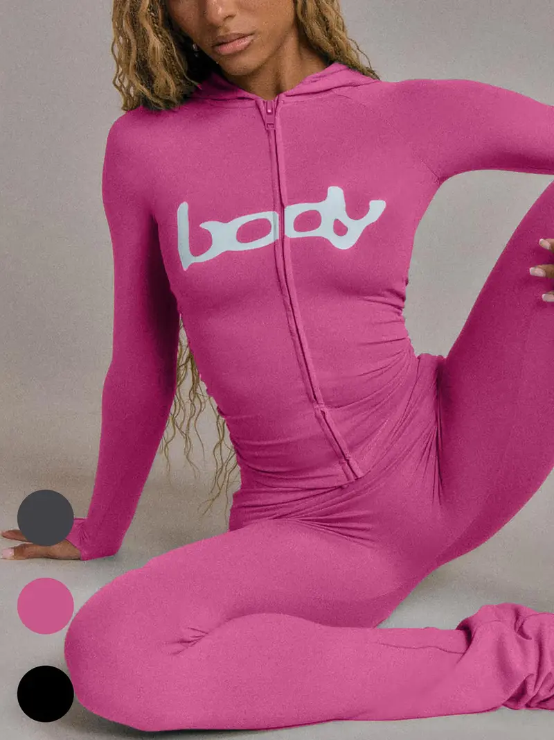 Women's Two-Piece Set, Fall Winter Hooded Graphic Print Zipper Jacket and Pants Set, Casual Tight-Fit Daily Wear, Fashionable Ladies Clothing