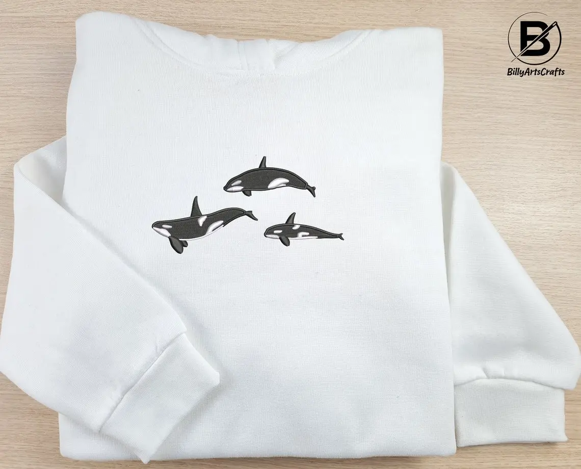 Embroidered Trio Orca Hoodie-Killer Whale Orca Design Sweatshirt-Wildlife Fishes Embroidery Unisex Hooded Jumper-Awareness Animal Lover Gift