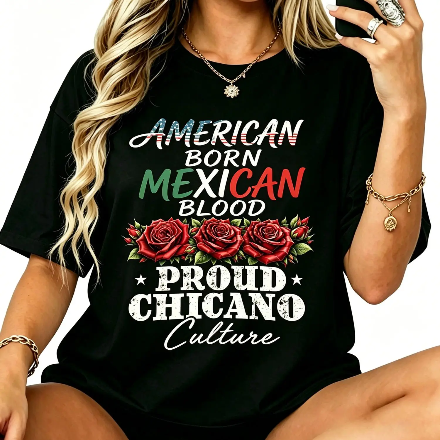 Women Cotton T-shirt American Born Mexican Blood Proud Chicano Culture Mexican Flag Rose Graphic Patriotic Oversized Shirt Mexican American Pride Gift