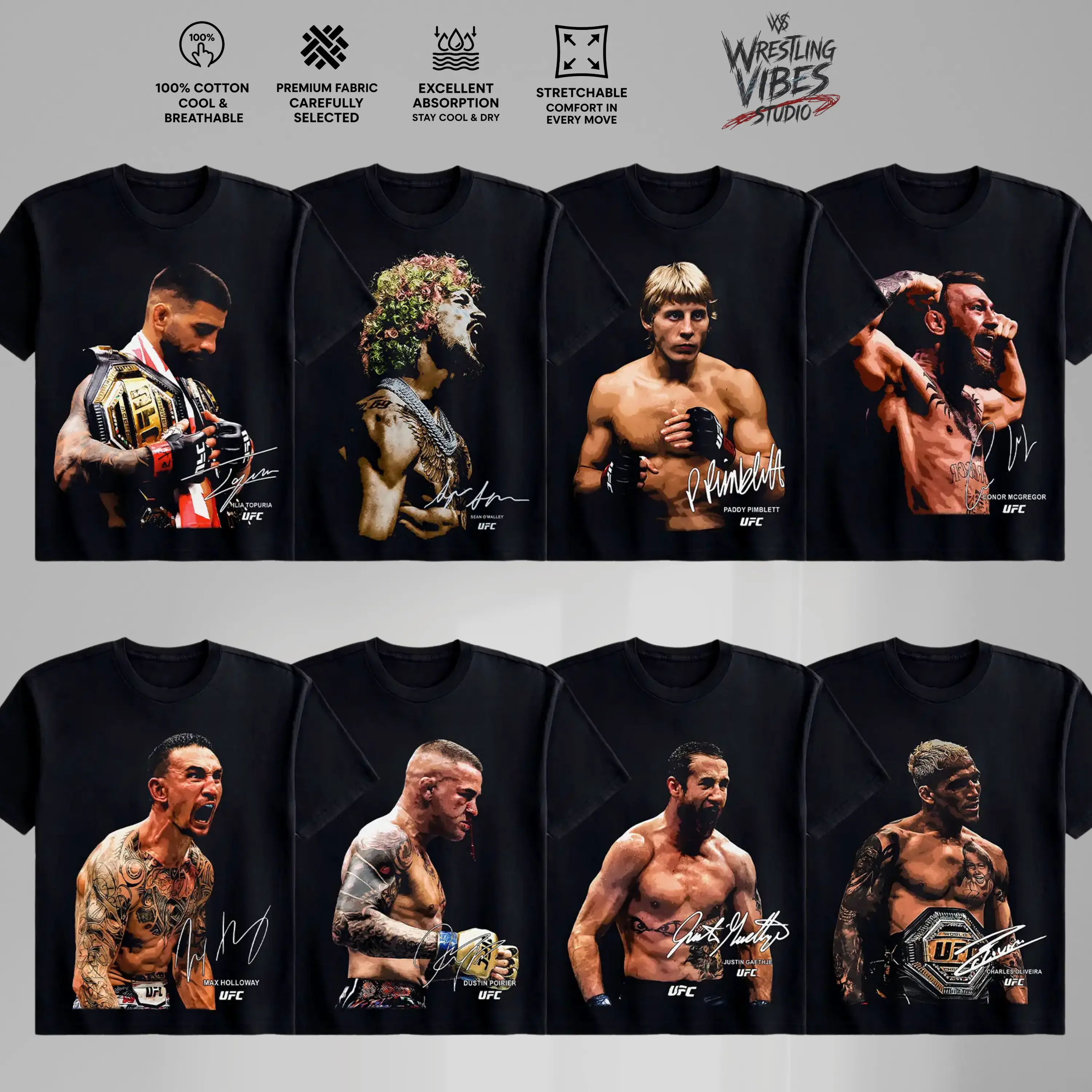 UFC Men's Fighters 2026 Collection Short-Sleeve T-Shirt - MMA Fan Apparel, UFC Soft Cotton Round Neck Unisex Streetwear Clothes, UFC MMA Vintage Casual Sweatshirts Crewneck Top for Champions