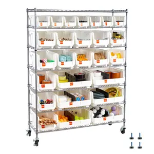 VEVOR 7-Tier Adjustable Rolling Bin Storage Rack - 26 Organizer Bins, Steel Wire Shelf System with Rubber Wheels, Mobile Tool Organizer for Garage, Kitchen, Room