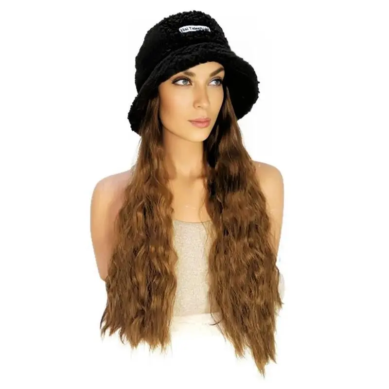 Hat with Hair Attached  Winter Black  Boucle Bucket hat  Hat Synthetic  Long Wavy Crimped  Light Brown Hair Hat  for Women Wig Hat