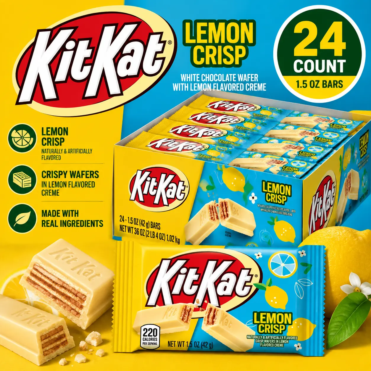 Kit Kat Lemon Crisp White Chocolate Wafer Candy Bar 1.5 oz 24 Count Lemon Flavor Snack Bars