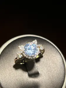 SHINING CAT    Item#00000006 European 14K Gold Plated Halo Four-Prong Setting Round-Cut Large White Cubic Zirconia Adjustable Fashion Ring (Center Stone 2 Carat, Ring Size 6.5 and Up)