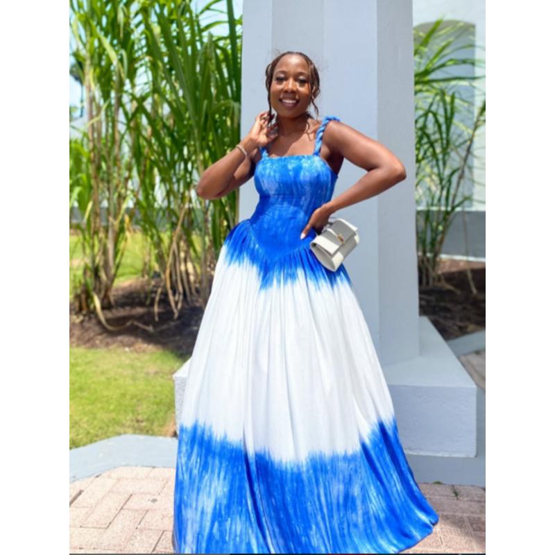 Women's Y2K Blue & White Tie-Dye Halter Neck Maxi Dress - A-Line Floor-Length Beach Dress with Back Tie Closure, Semi-Sheer Sleeveless Design for Vacation, Travel, Daily Outfits - All-Season Casual to Formal Events (Machine Washable) - Turq