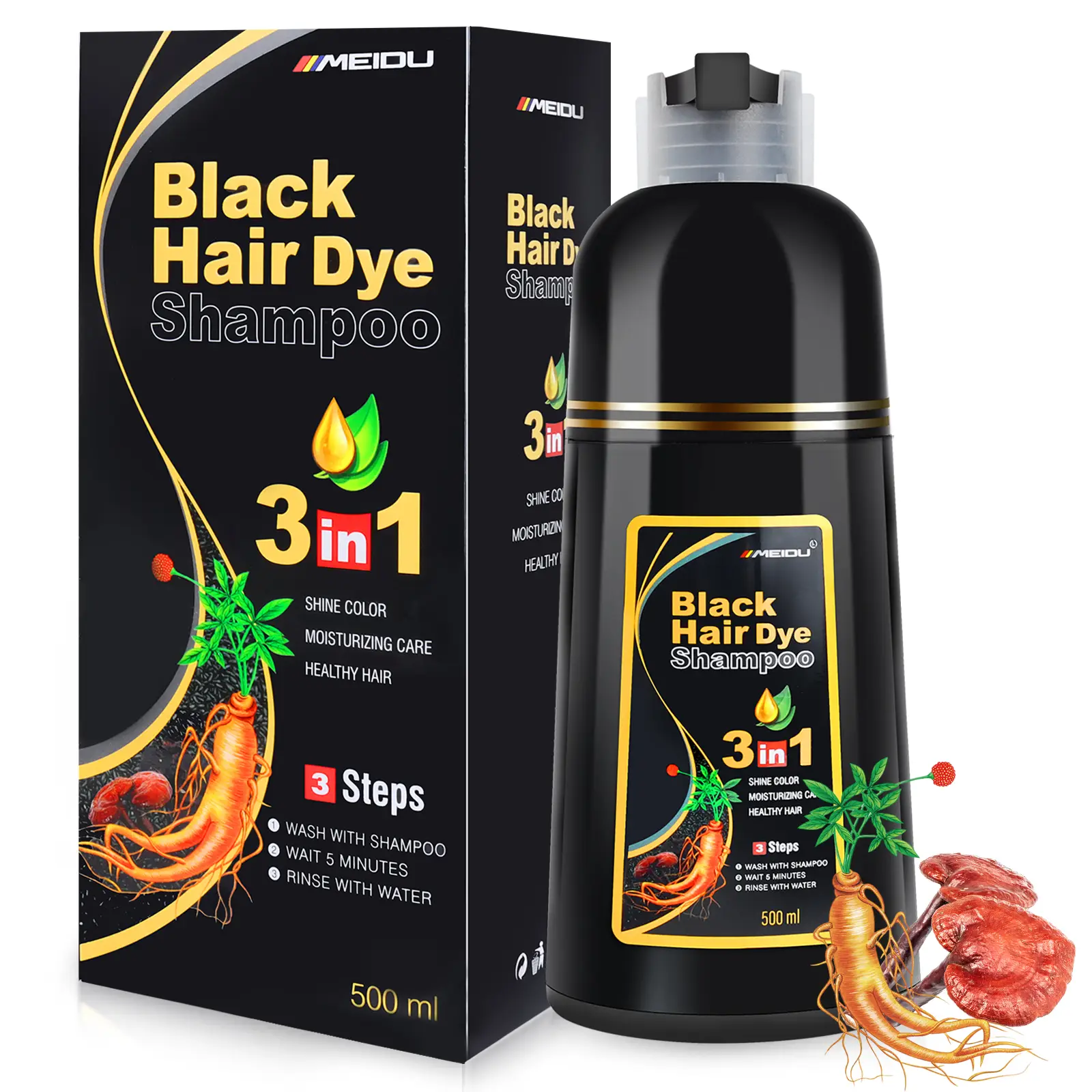MEIDU 3 in 1 Black Hair Dye Shampoo - Herbal Ingredients Can cover gray hairs, Contains Ginseng Extract, Natural Haircoloring
