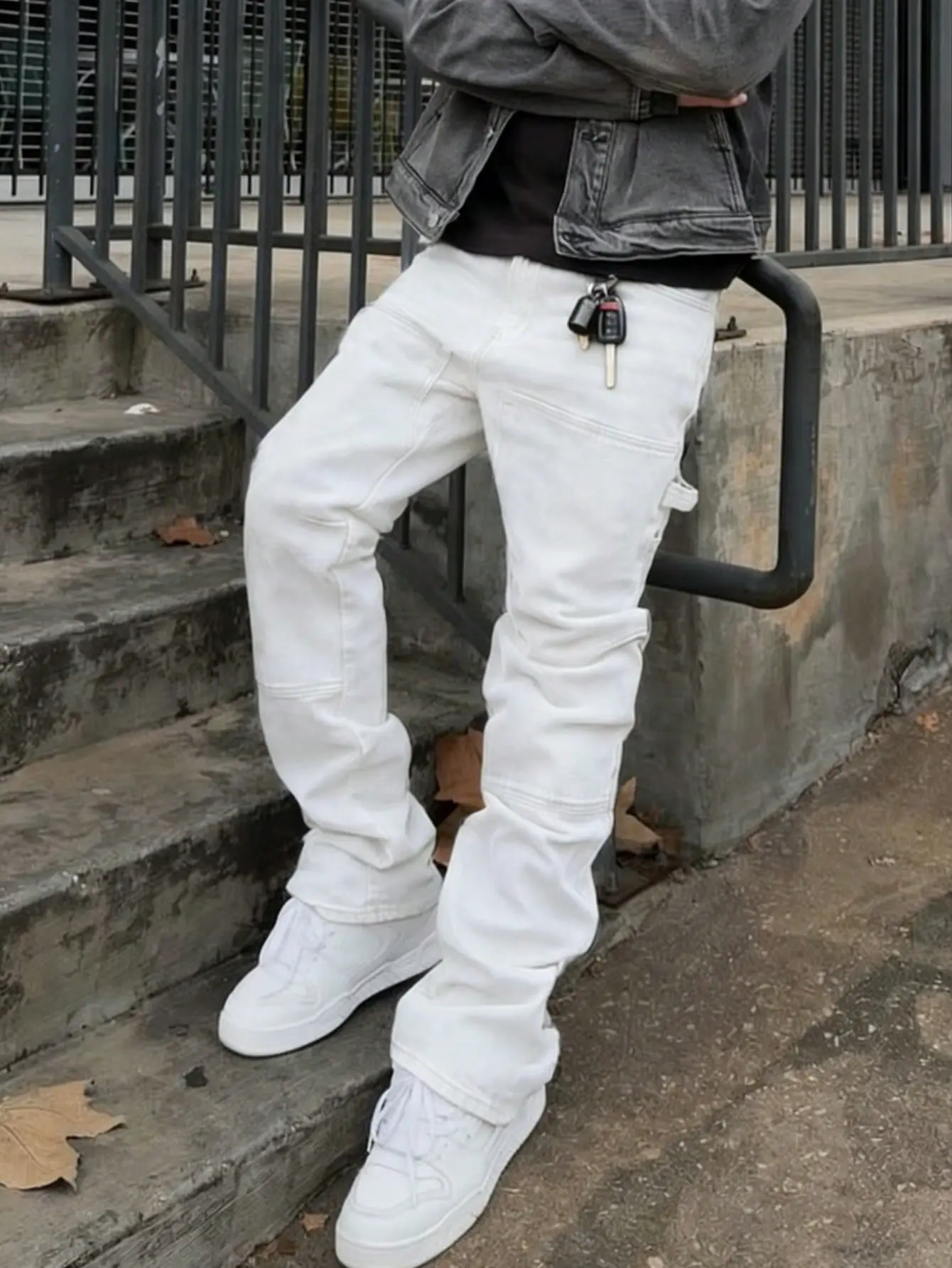Vintage White Stacked Carpenter Men White Carpenter Baggy Flare Jeans For Men Streetwear Solid Splice Loose Casual Denim Pants