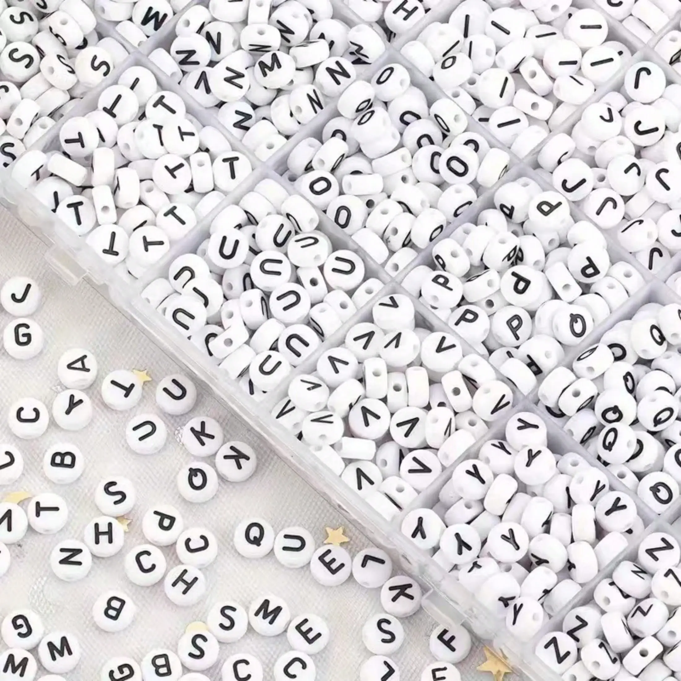 500pcs/1000pcs White Round Acrylic Black Letter Beads, Mixed A-Z Loose Beads, For DIY Bracelets, Necklaces, Keychains, Jewelry Making Craft Supplies
