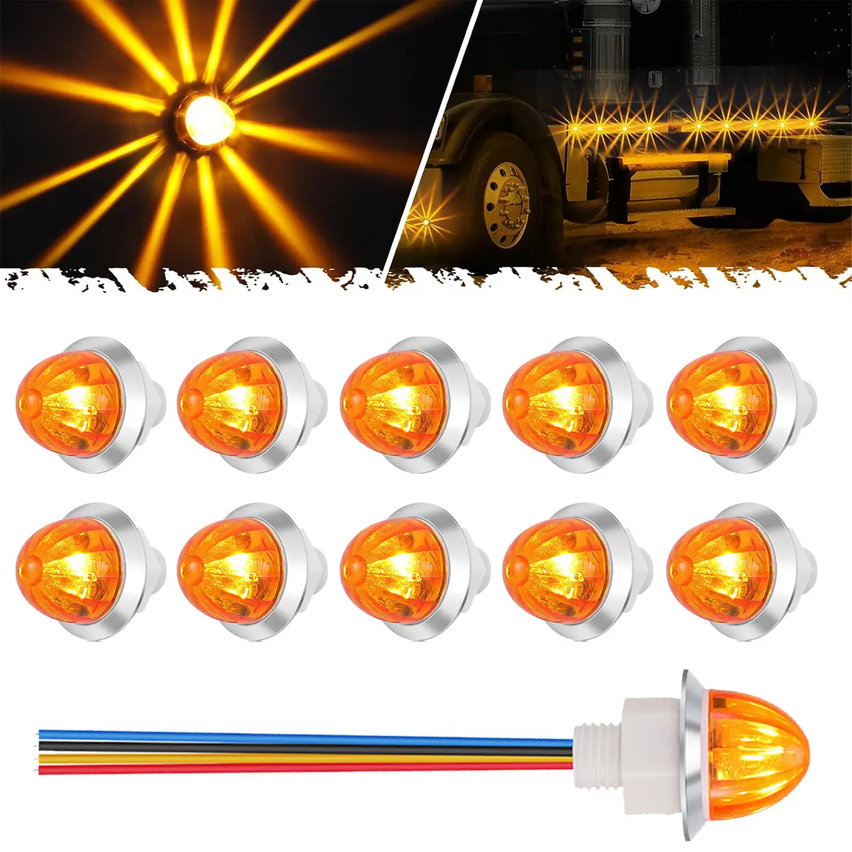 Dazone 10PCS Mini Watermelon Lights Amber LED Lights Strobe & Constant High/Low IP67 Waterproof Side Marker Clearance Grille Lights 12V-24V for Trucks Trailers RVs