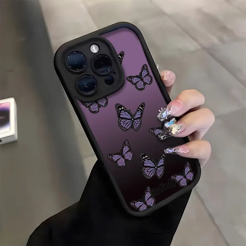 Gradient Purple Butterflies Smartphone Casing - INS Sweet Style, Shockproof Stepped TPU Soft Cover, Phone Protector for iPhone 17,16,16E,15,14,13,12,11,X,XS,XS Max,13 Mini,12 Mini, Festival Gift Accessory