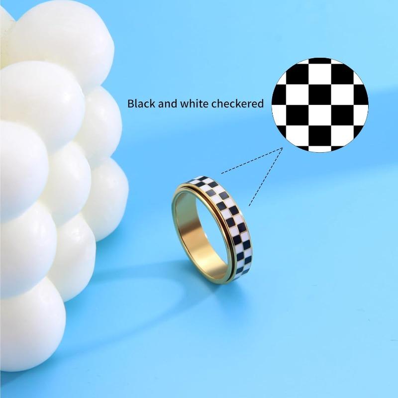 Checkered Spinner Ring for Adults, 18K Gold Plated Stainless Steel Rotating Band Jewelry, Black and White Pattern Unisex Ring