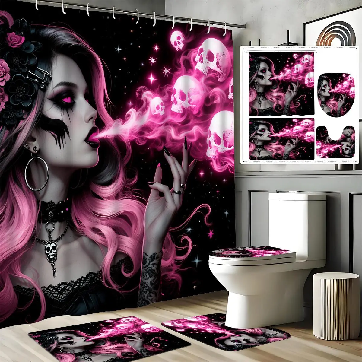 1pc/3pcs/4pcs -Fashion Gothic-Style Beautiful Bathroom Set, Complete with Non-Slip Bathroom, U-Shaped, Toilet, Shower Curtain with 12 Durable Hooks, Bathroom Decorations And Additions, Suitable for All Scenarios