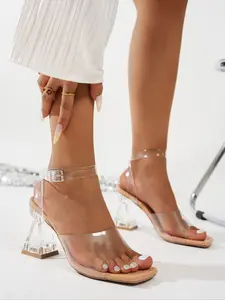 Women's High Heel Sandals, Summer Fashion Shoes, Transparent PVC Material, Acrylic Chunky Sole, Invisible Visual Effect, Ankle Strap