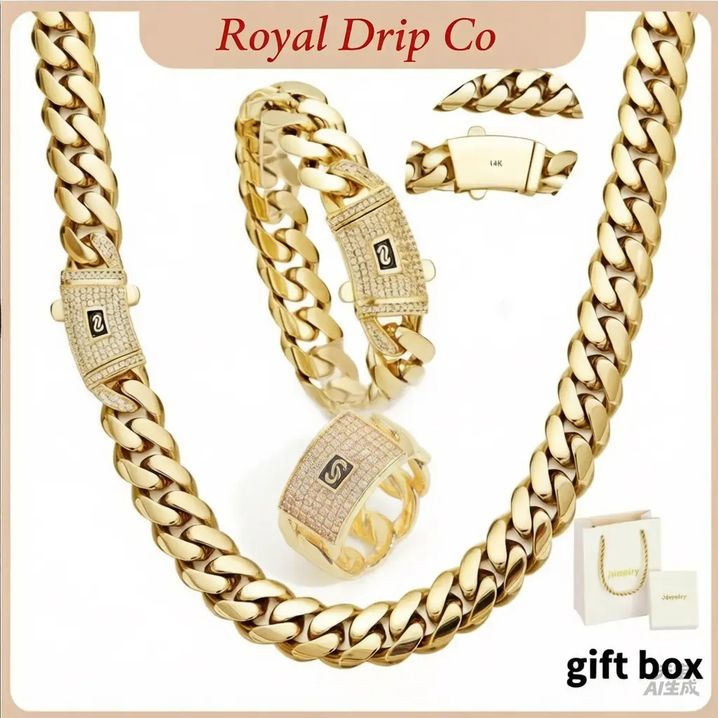【3PCS Set】Limited  14K Gold Iced Cuban Link Set | New Anti-Rust Technology Coating | Luxury Hip Hop Necklace & Bracelet Combo | CZ Diamond Drip Jewelry for Men men's clothes chain Gold-Plated black dahlia Bubble Initial herringbone rain john pork lei