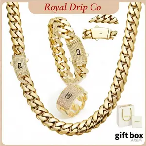 【3PCS Set】Limited  14K Gold Iced Cuban Link Set | New Anti-Rust Technology Coating | Luxury Hip Hop Necklace & Bracelet Combo | CZ Diamond Drip Jewelry for Men men's clothes chain Gold-Plated black dahlia Bubble Initial herringbone rain john pork lei