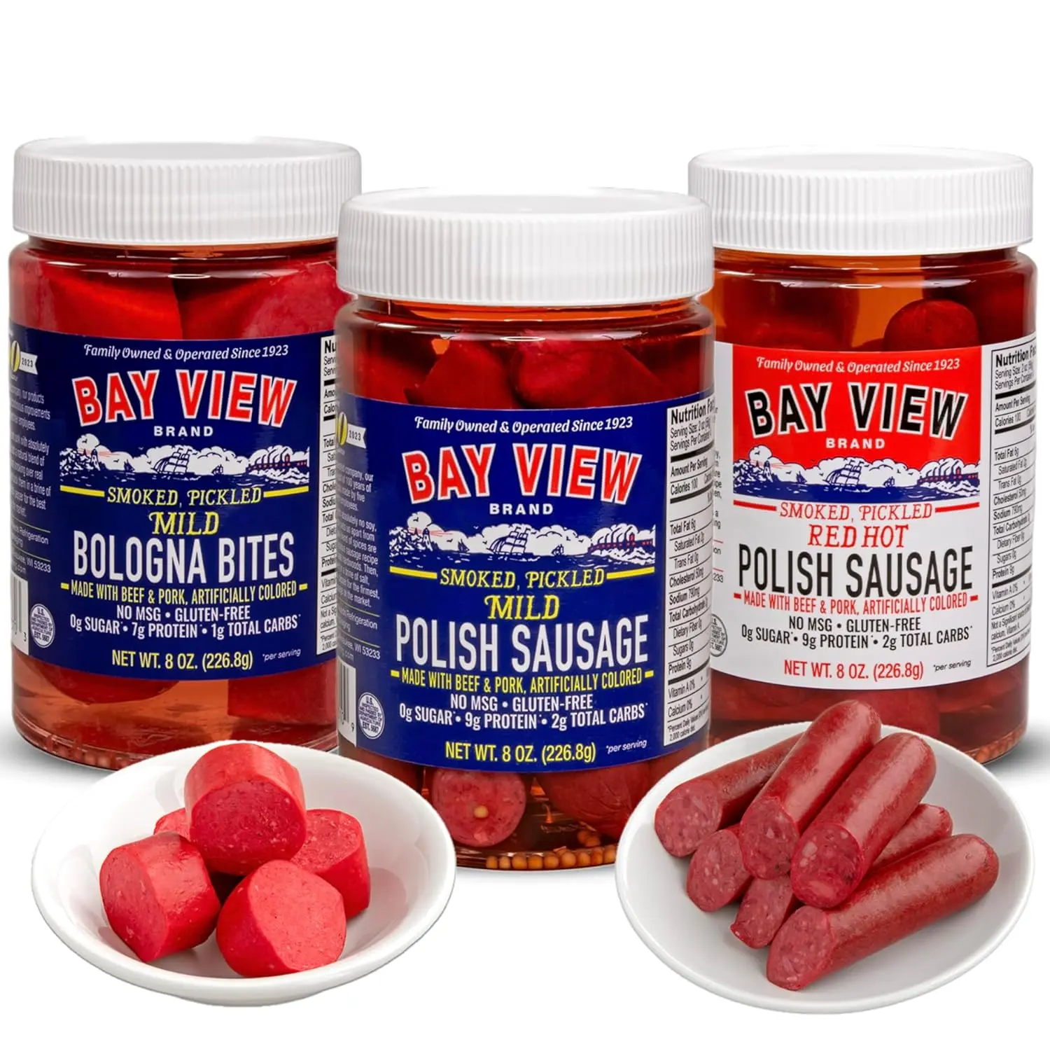 Bay View Smoked Mild Pickled Meats, No MSG, Gluten Free, No Soy, 0g Sugar, 7g Protein, Hardwood Smoked, Mouthwatering Pickled Snack (8oz, Variety Pack)