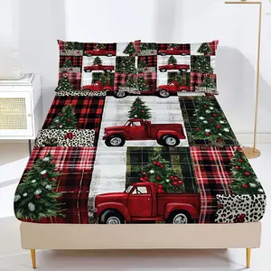 3pcs Christmas Plaid and Trucks Fitted Sheet Set Designed for Easy Care And Comfort, Suitable for Guest Rooms, Including 1 Fitted Sheet And 2 Pillowcases, Bed Sheets Set